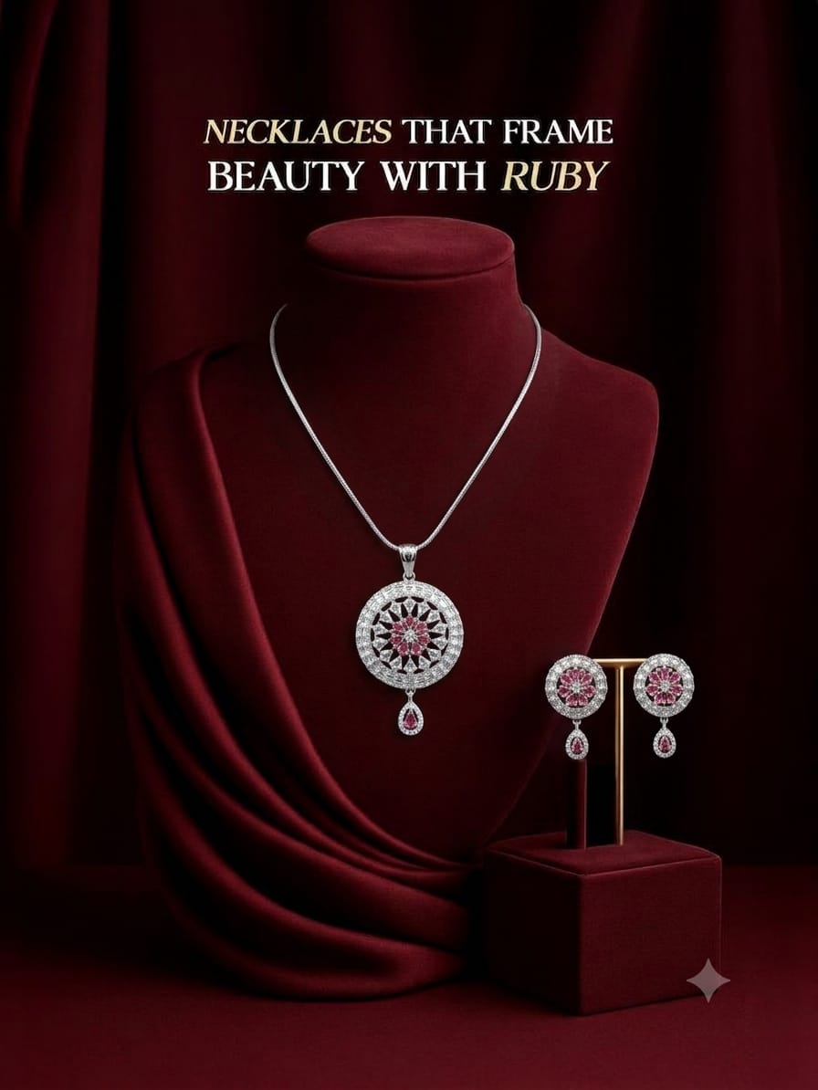 Ruby Floral Pendant Necklace Set