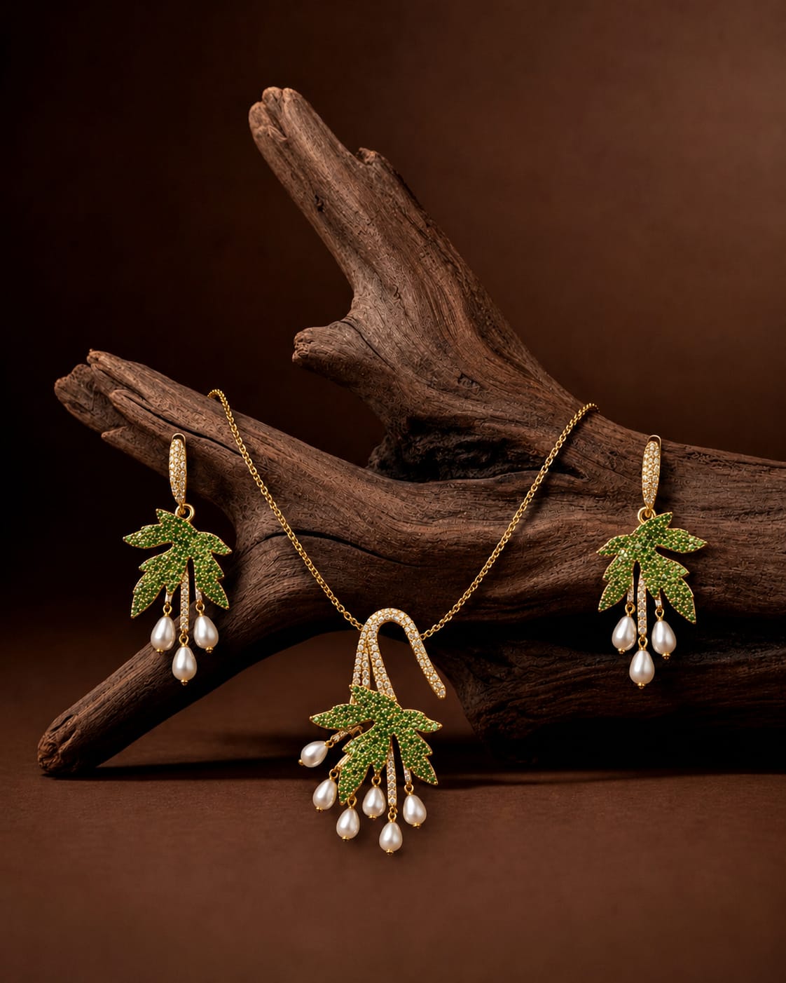 Green Leaf Pendant Necklace Set
