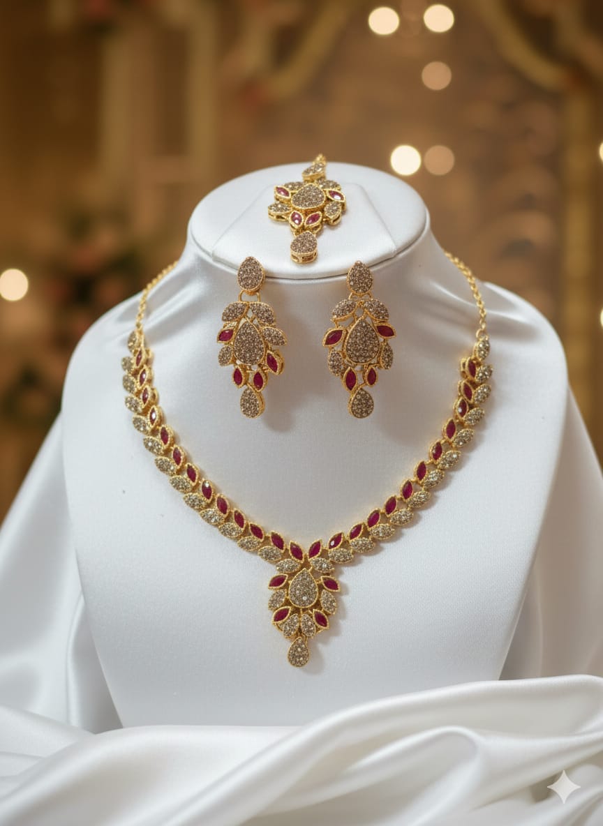 Rose Petal Maroon & White Necklace Set