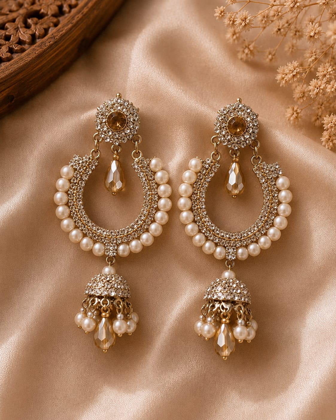 Royal Crescent Pearl & Crystal Jhumkas