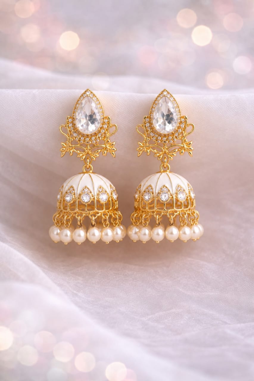 White Traditional Jhumka Earrings