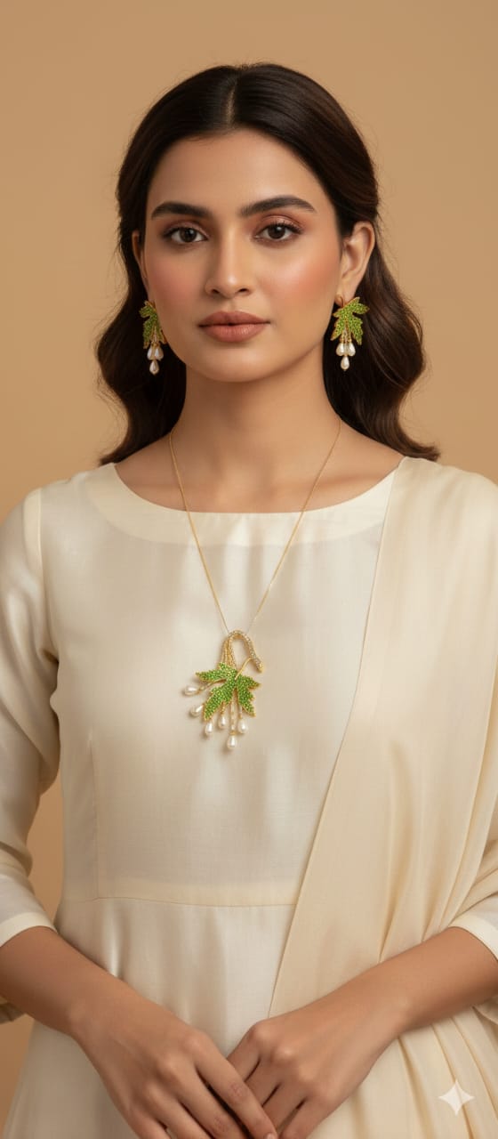 Green Leaf Pendant Necklace Set