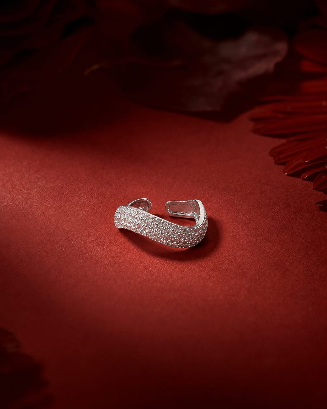 Silver Crystal Wave Cuff Ring