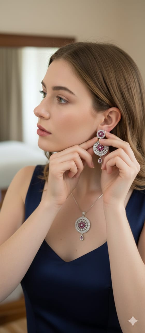 Ruby Floral Pendant Necklace Set